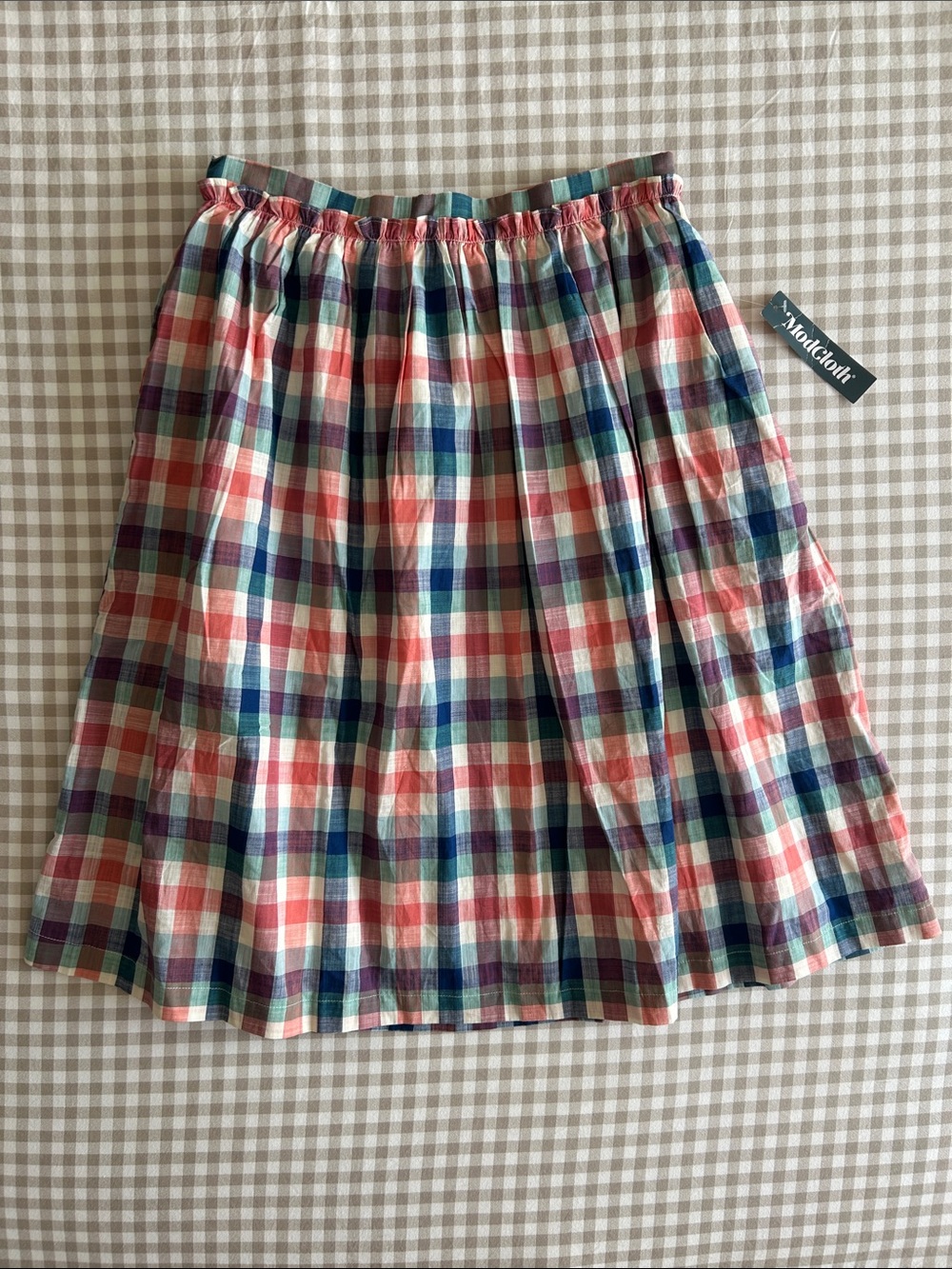 Modcloth Plaid Cotton A-Line Skirt — Coral, Navy, Green, Cream